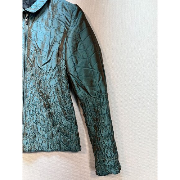 Ubu Women Crinkle Quilted Jacket Medium Metallic Teal Textured Travel Reversible - Picture 7 of 12